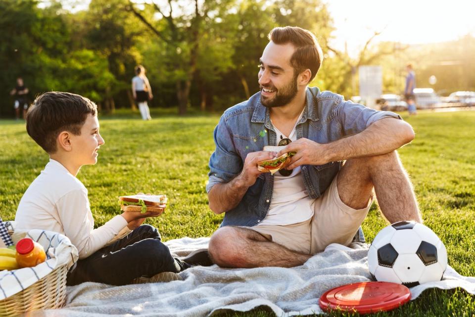 Father and son enjoy a picnic on a sunny day in the park.